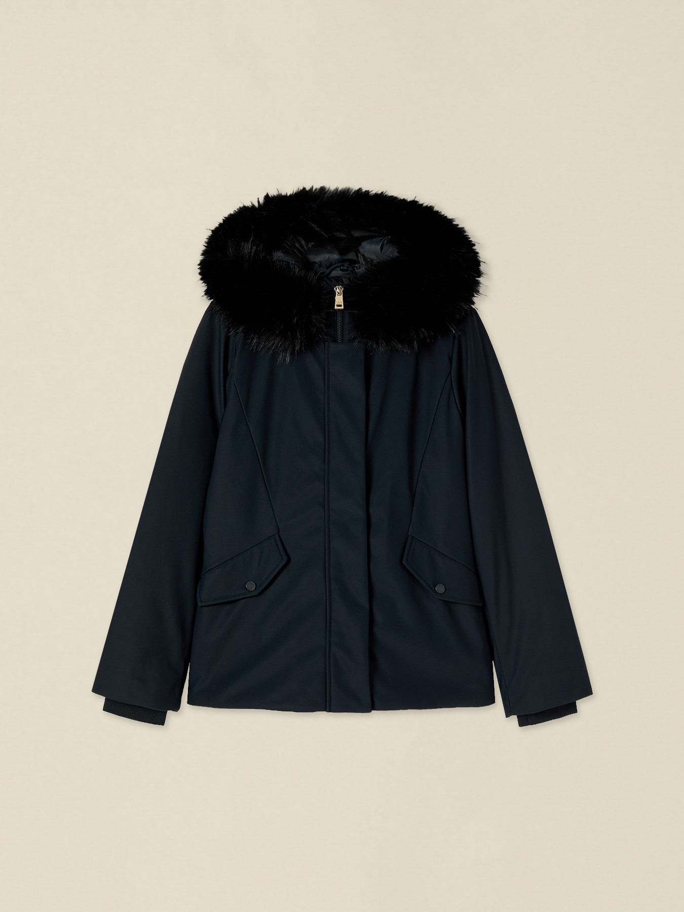 Smooth down jacket with hood and faux fur trim image number 3