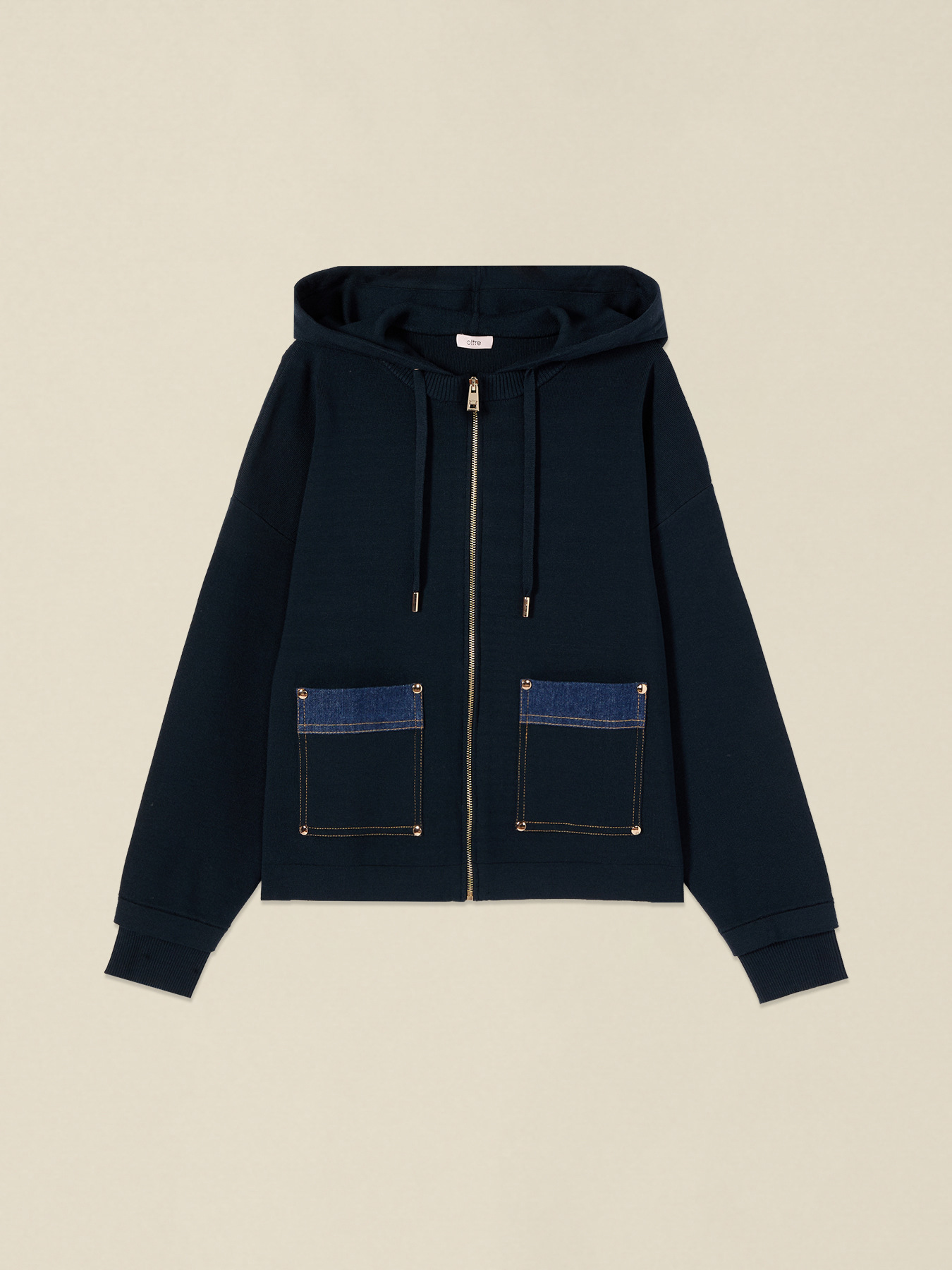 Pull avec zip, capuche et d&eacute;tails en denim image number 0