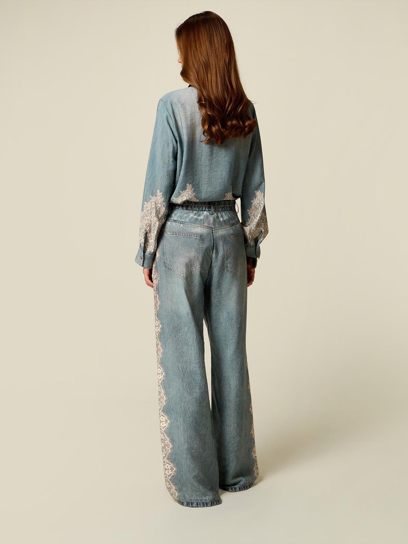 Wide-leg palazzo pants with denim effect and lace image number 1