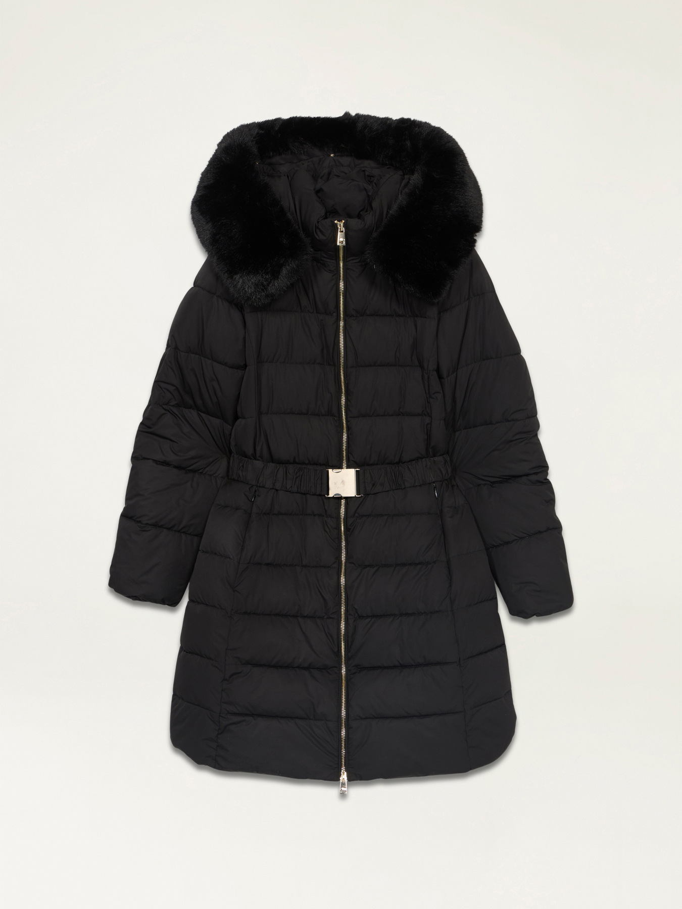 Doudoune mi-longue avec ceinture et bordure en fourrure