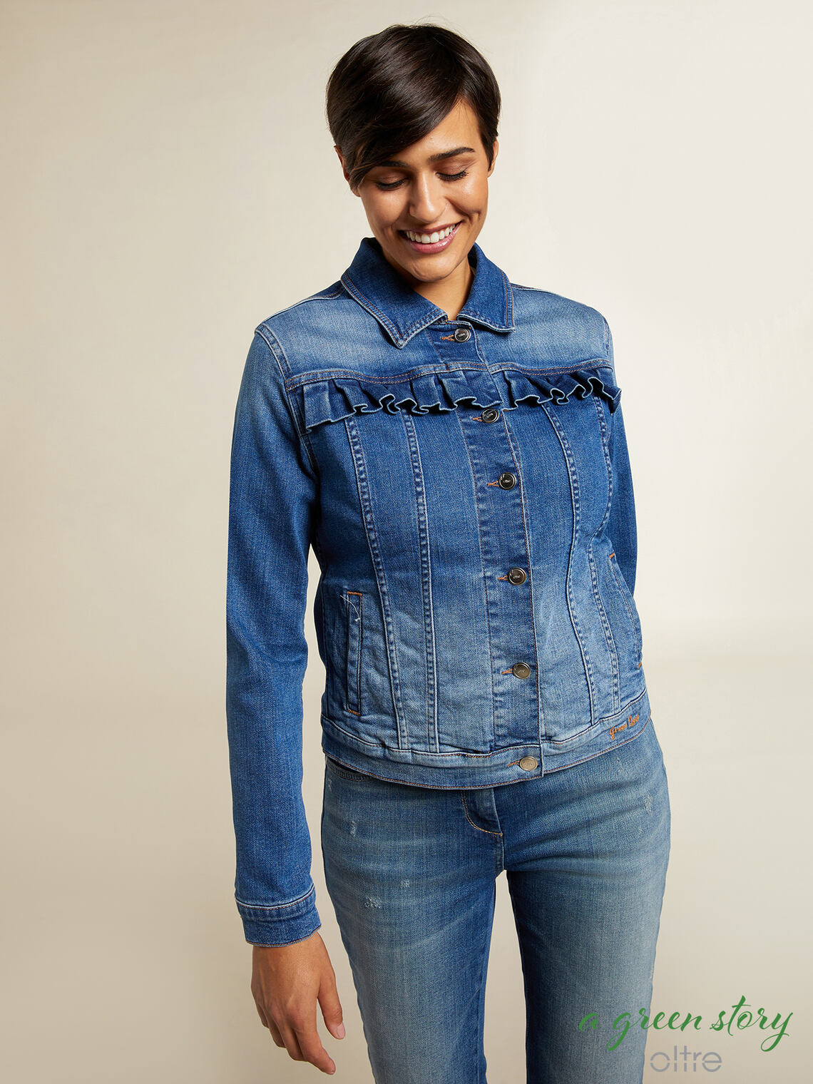 Denim trucker jacket with flounces - Oltre.com - HU