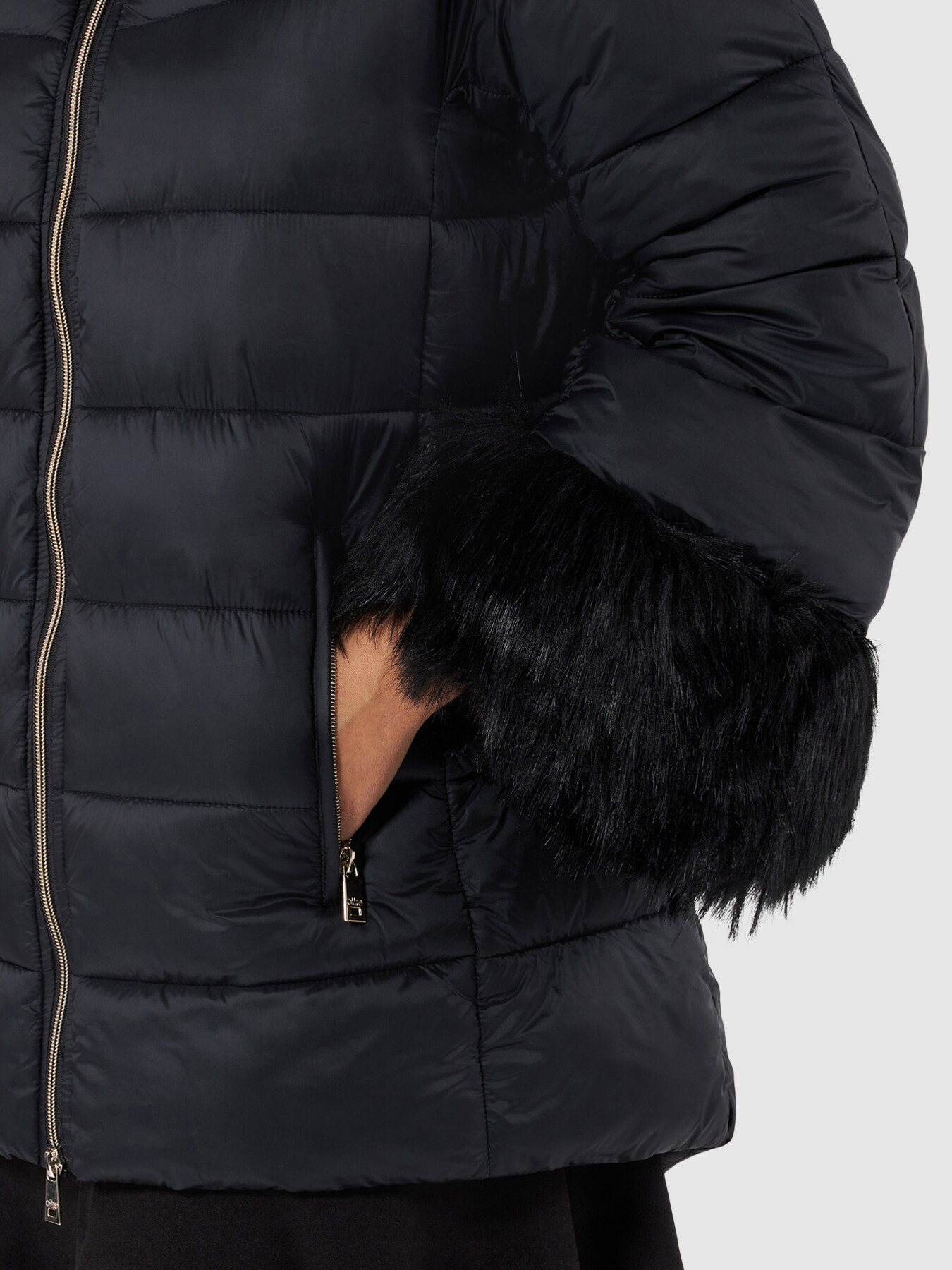 Down jacket with faux fur arm warmers image number 2