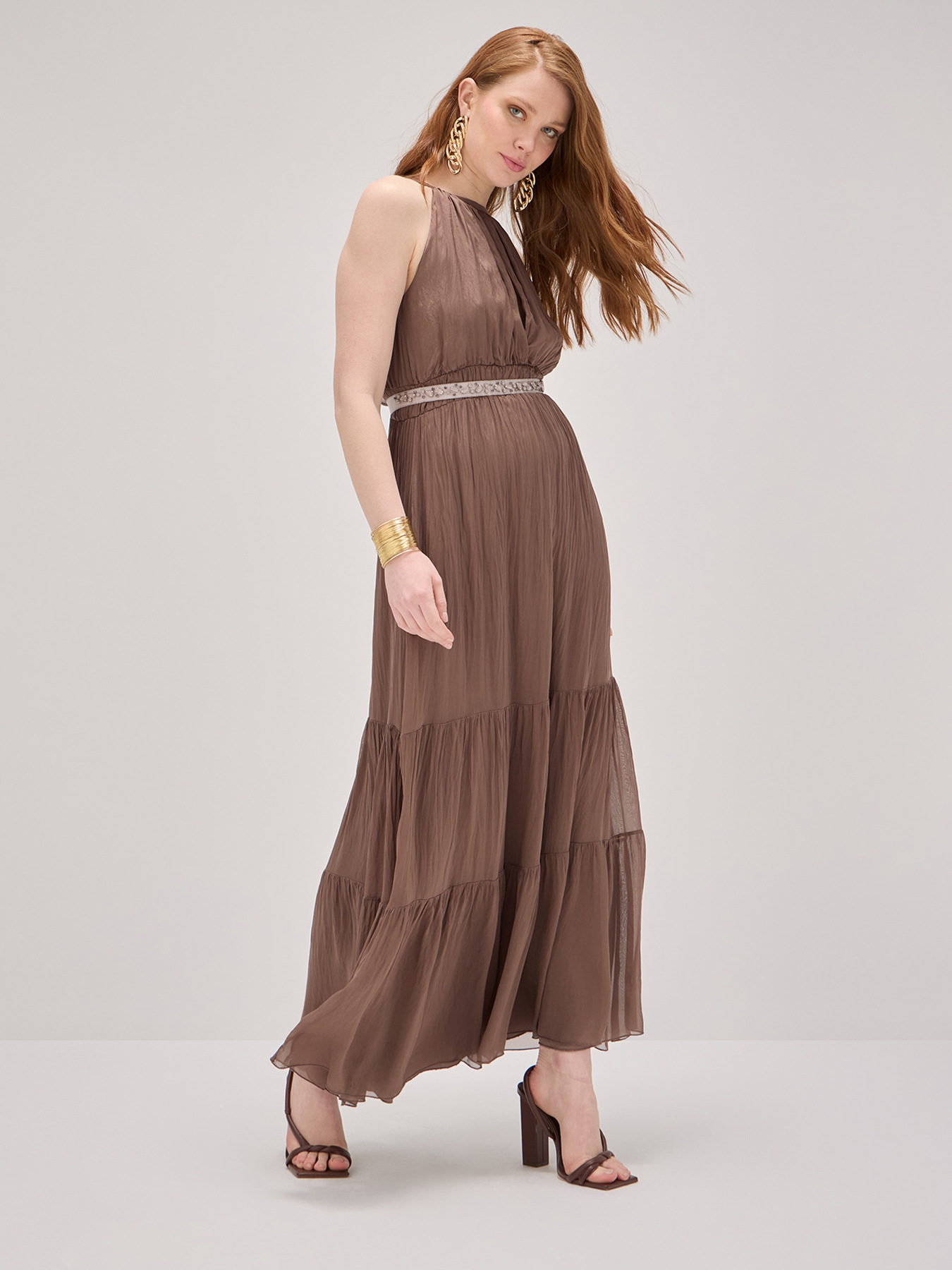 Long halter-neck silk blend dress image number 3