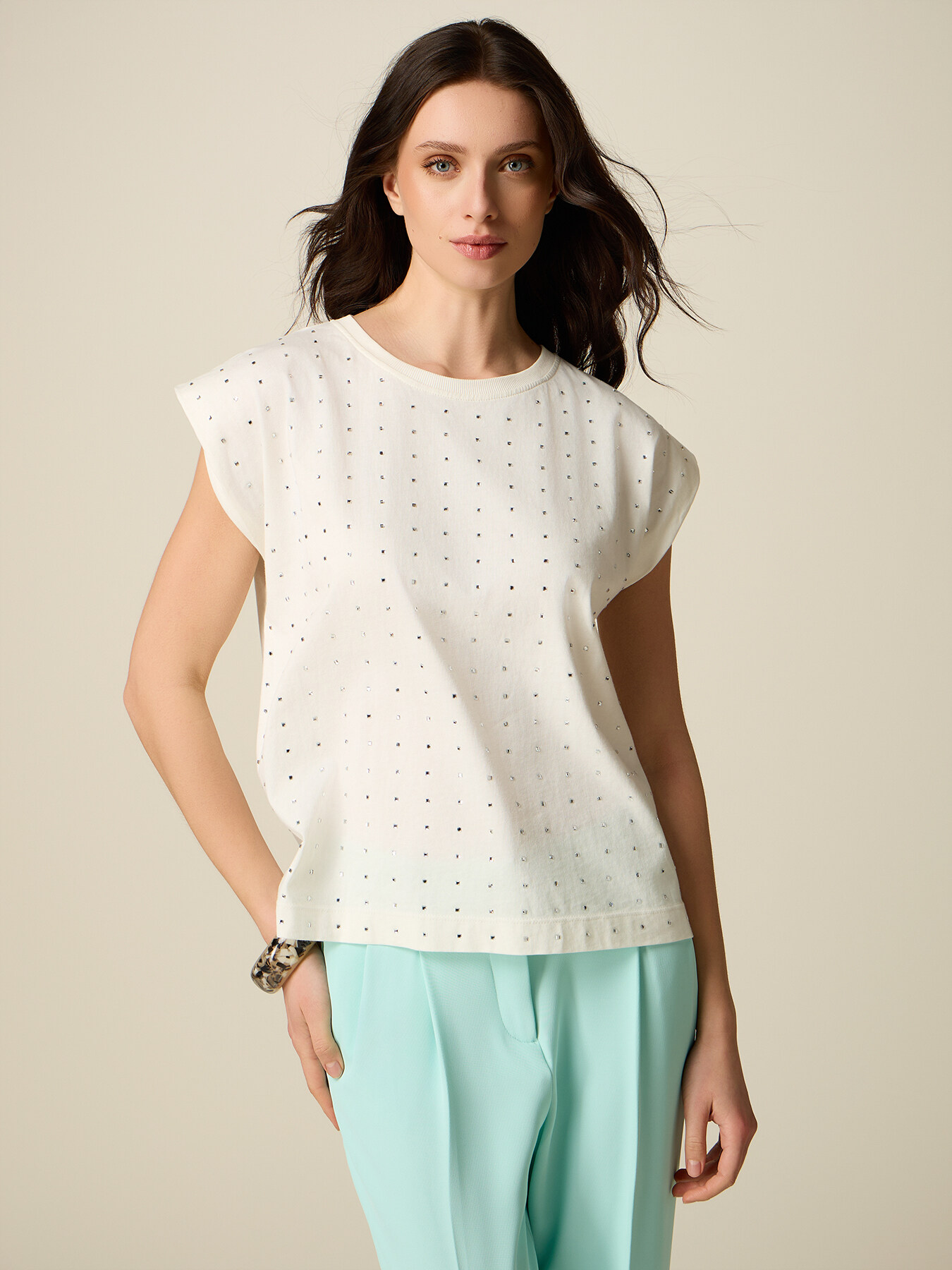 Tricou din bumbac cu cristale image number 0