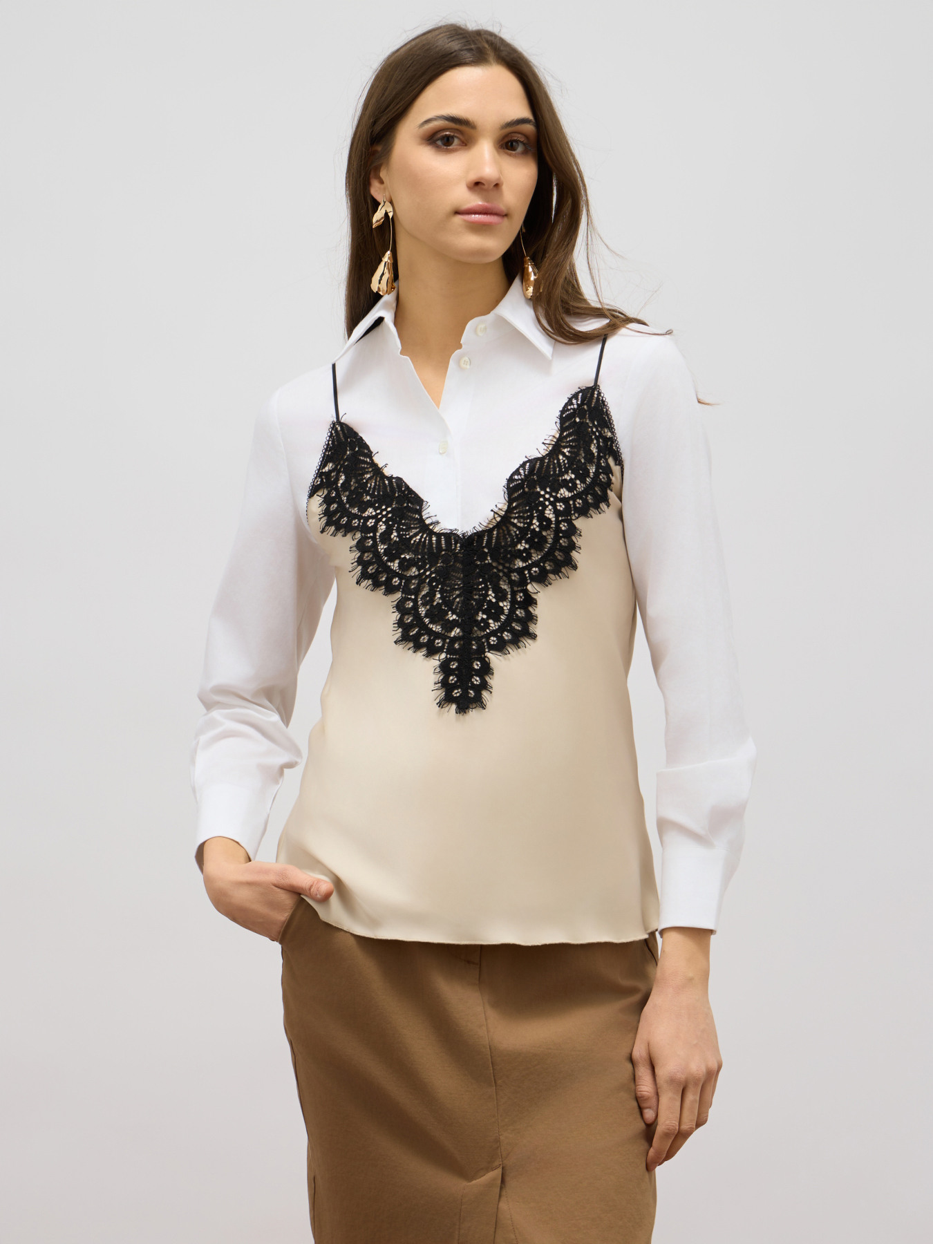 Camisa bimaterial con encaje image number 0