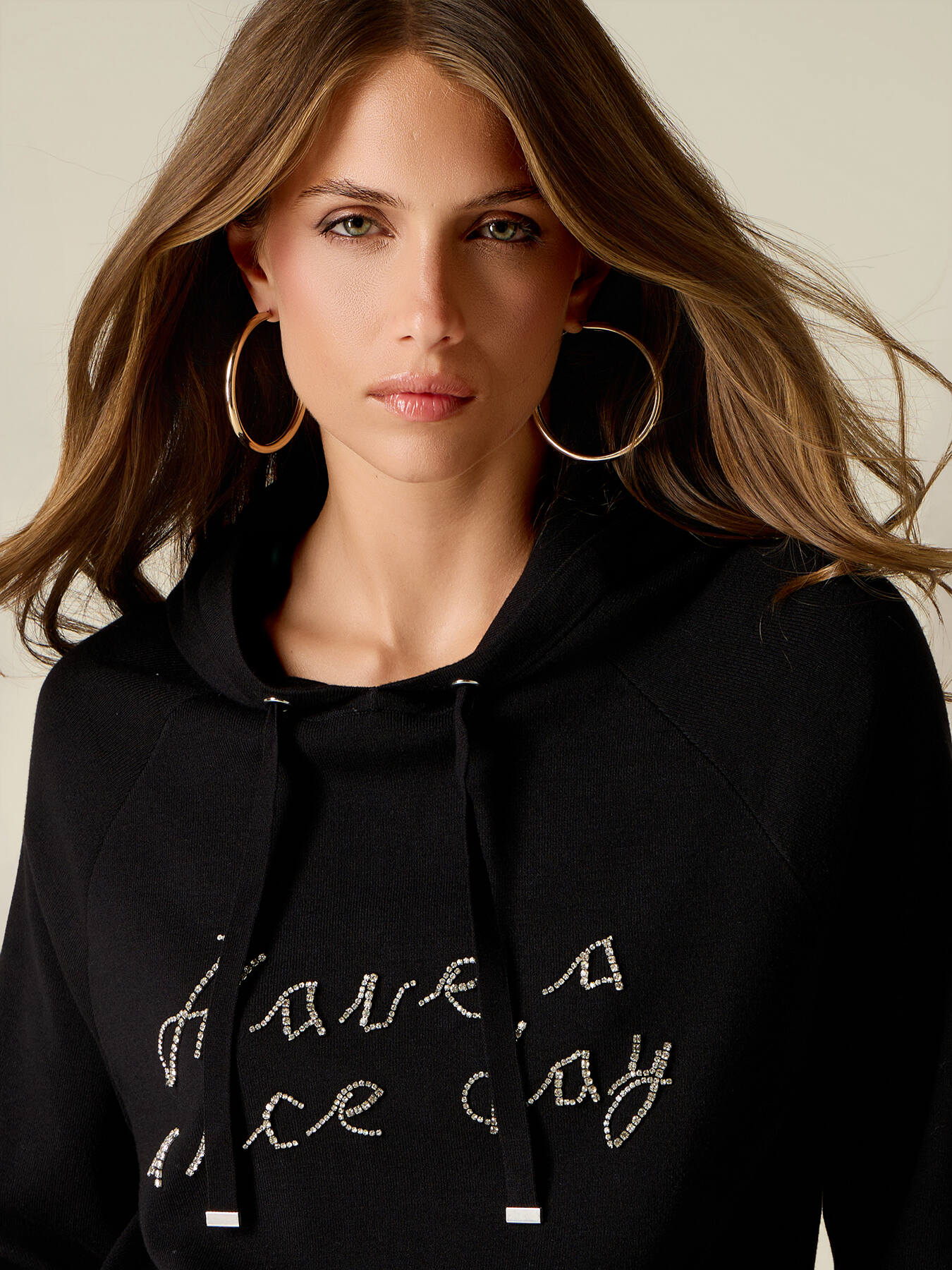 Hooded sweater with jewel embroidery image number 2