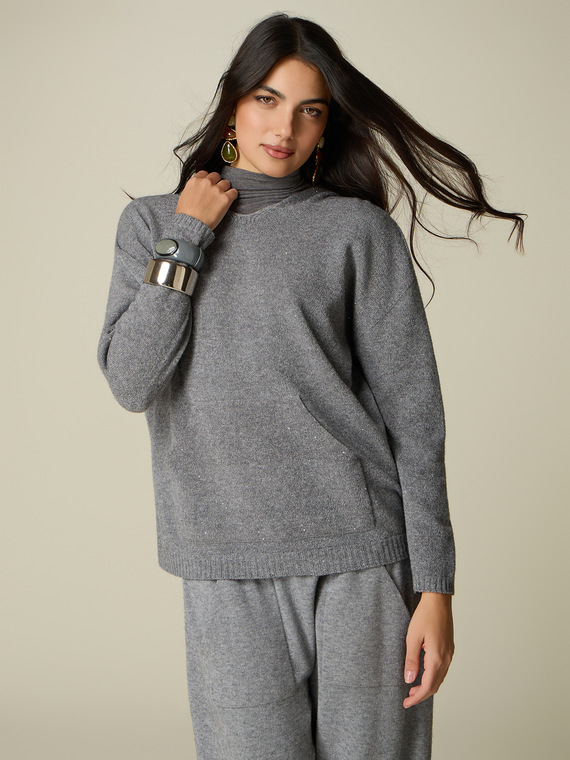 Hooded sweater with micro sequins