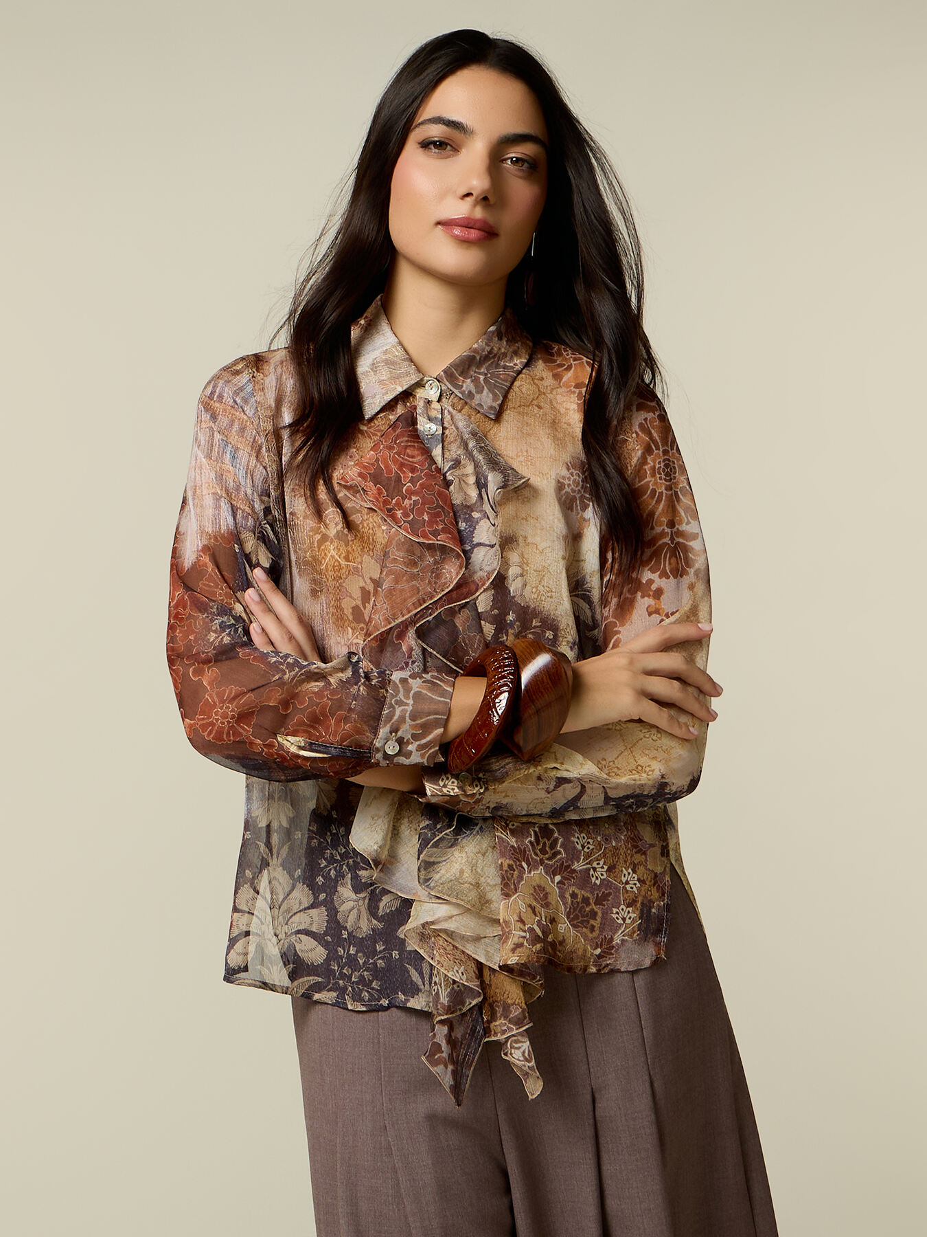 Floral print crepon blouse with ruffle image number 0
