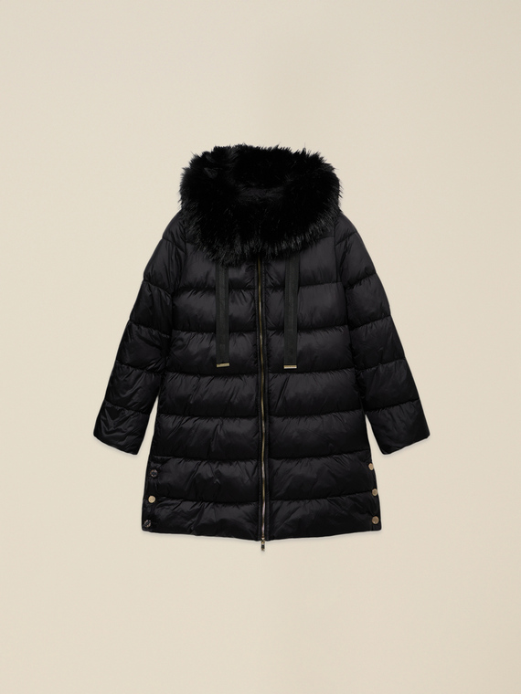 Midi down jacket with hood and furry trim