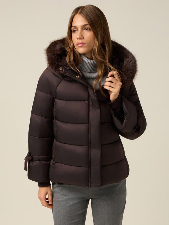 Down jacket with hood and furry trim