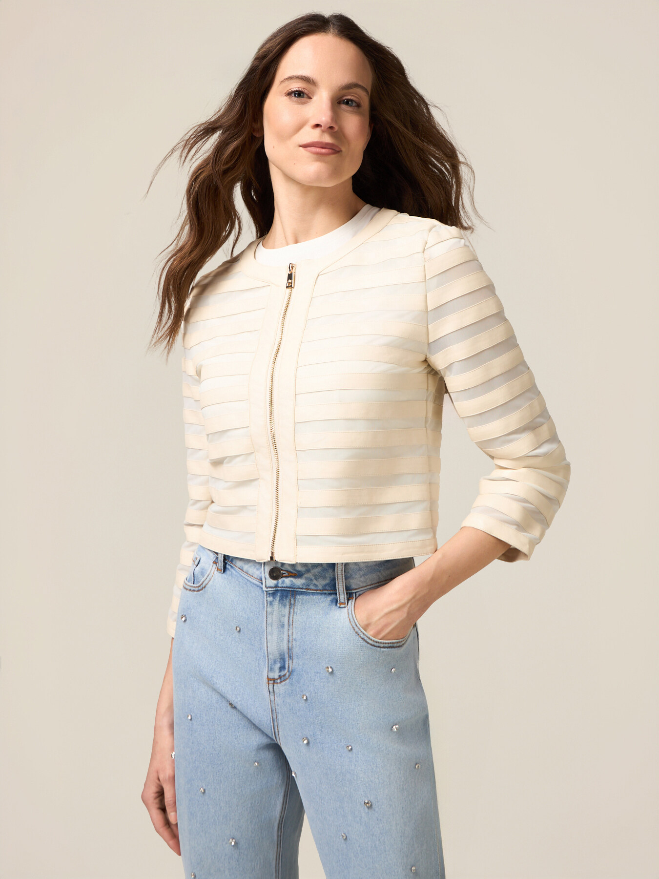 Short striped knit jacket image number 0