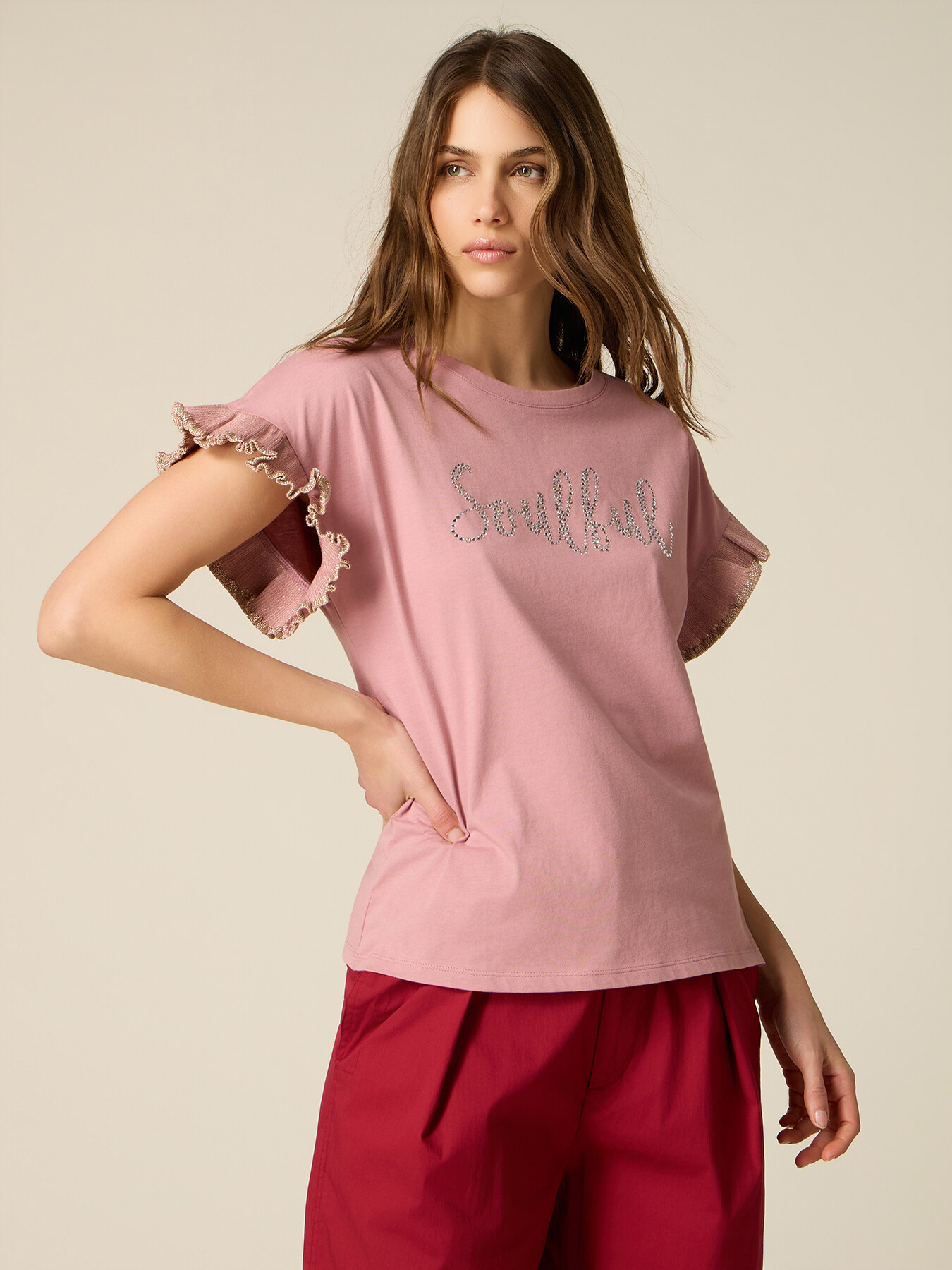 T-shirt in cotone con cristalli e rouches image number 0