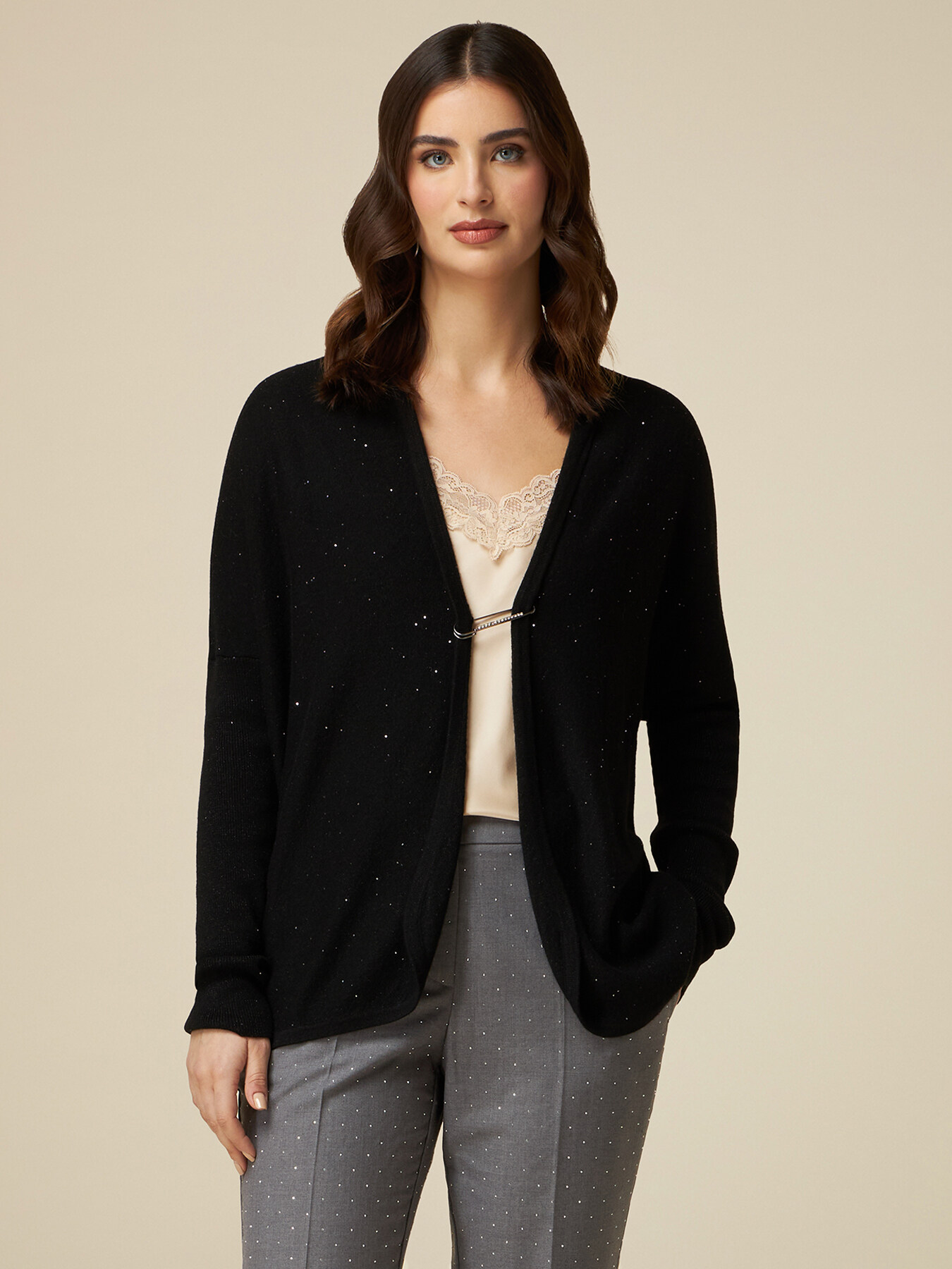 Cardigan lurex misto cashmere con spilla image number 0