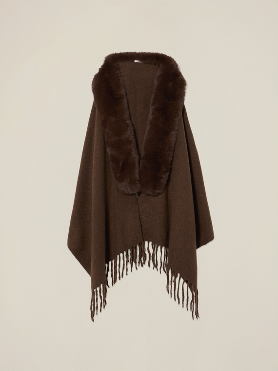 Poncho with fringes and plush trim