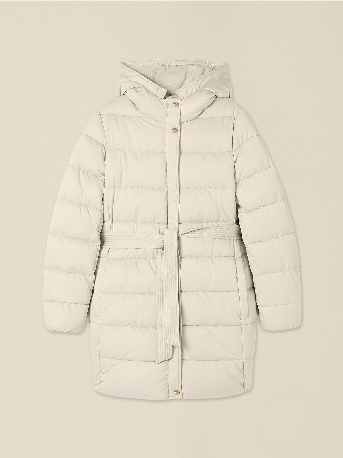 Mid-length puffer jacket with belt and hood image number 3
