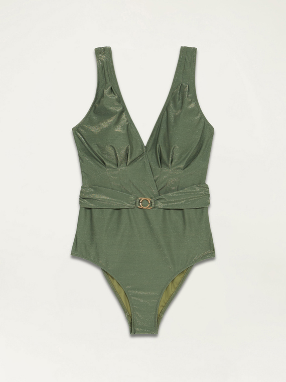 One-piece lurex swimsuit with darts and buckle