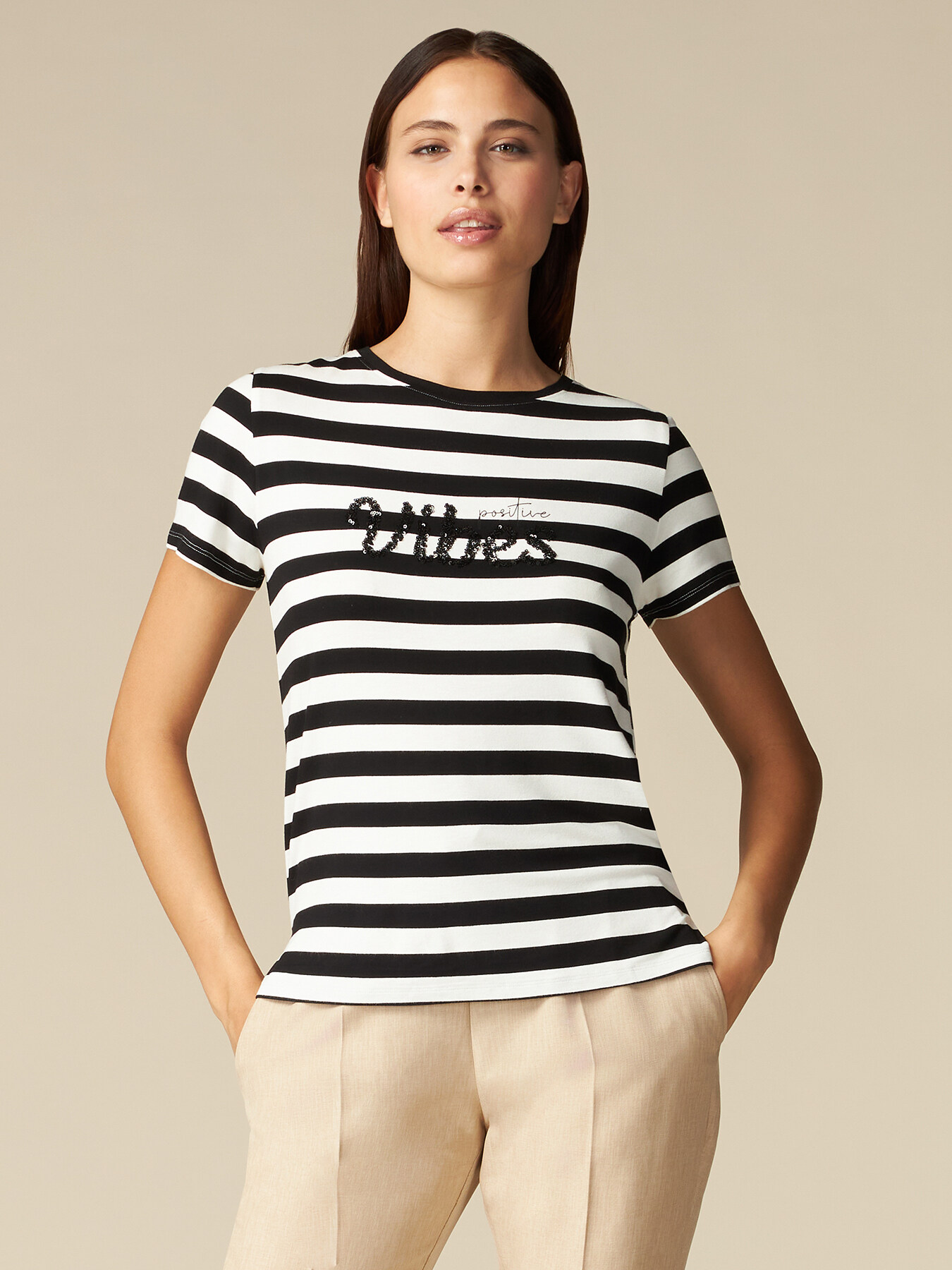 Camiseta de rayas con bordado de lentejuelas image number 0