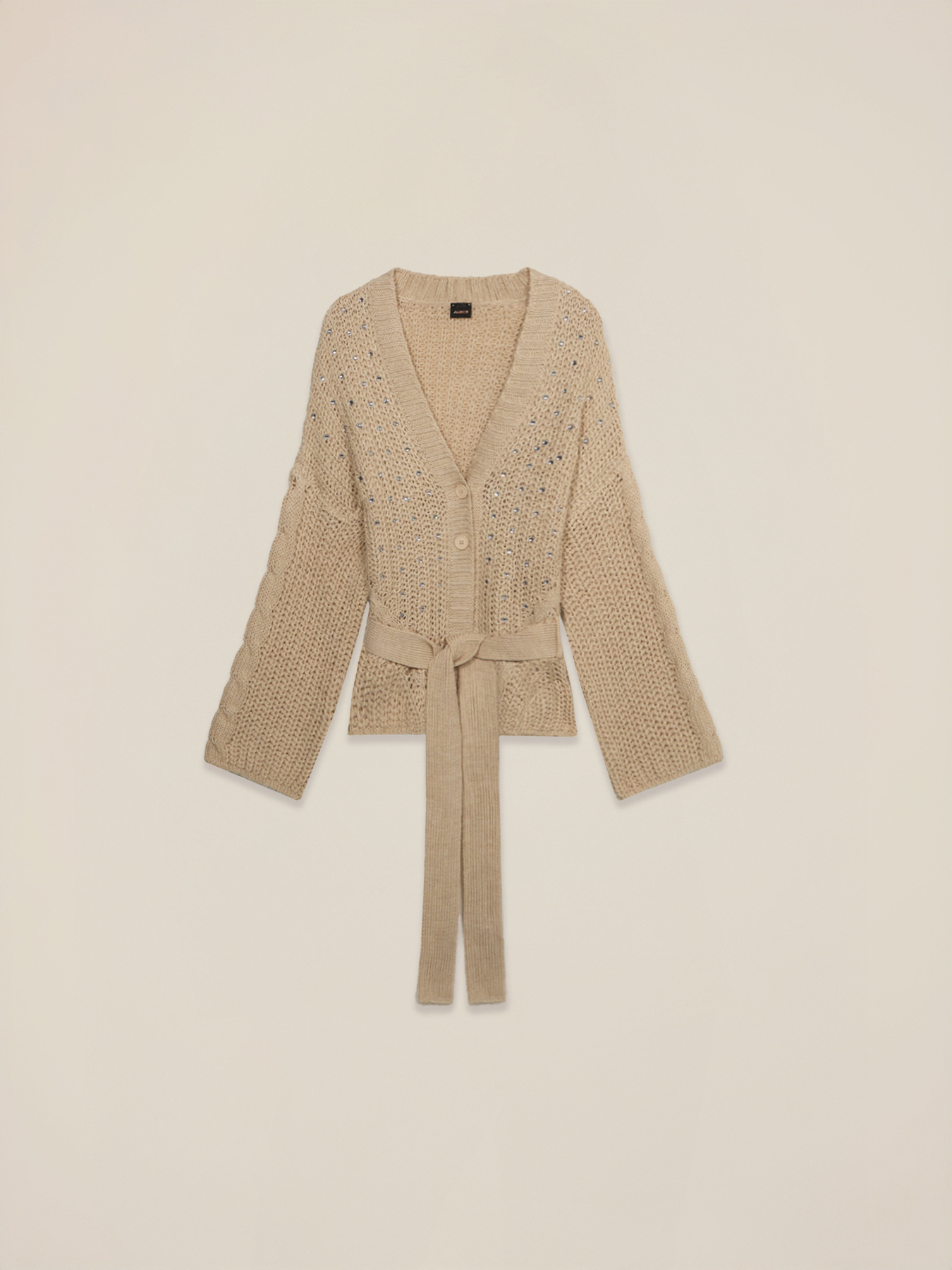 Durchbrochener Cardigan aus Wollmischung mit Kristallen und G&uuml;rtel image number 3