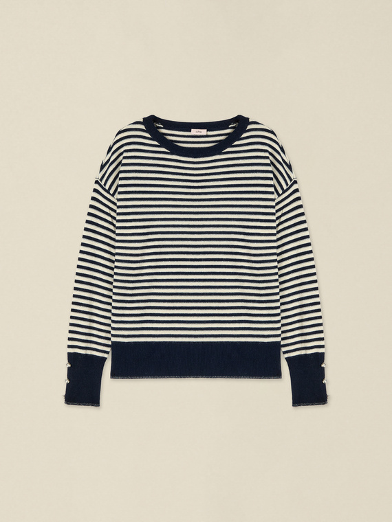 Gestreifter Pullover aus Cashmere-Mix mit Juwelenkn&ouml;pfen