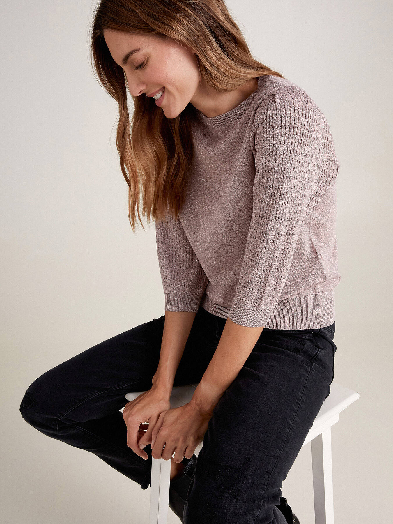 Lurex sweater with cable pattern detail image number 0