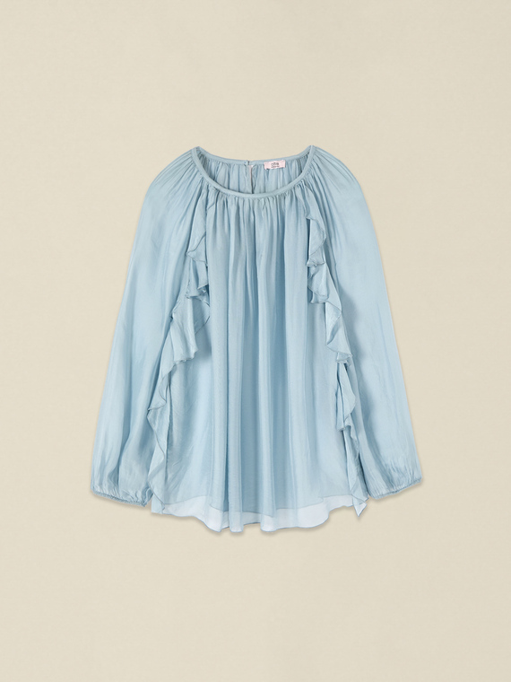 Blouse in silk blend voile with ruffle