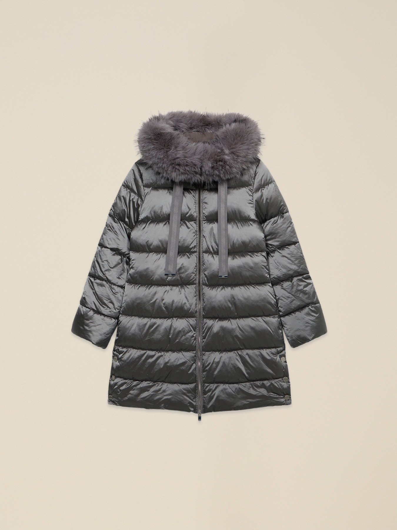 Midi down jacket with hood and furry trim image number 3