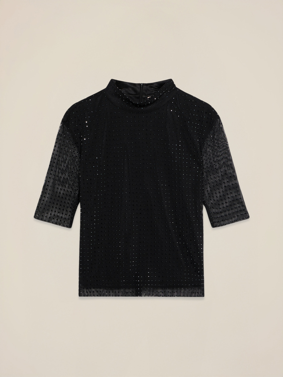 T-shirt in tulle with black crystals