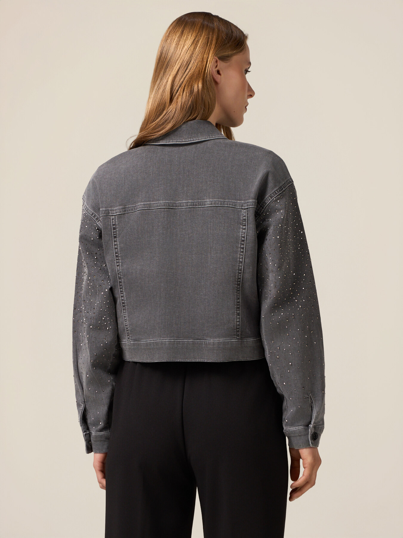 Short denim jacket with applied rhinestones image number 1