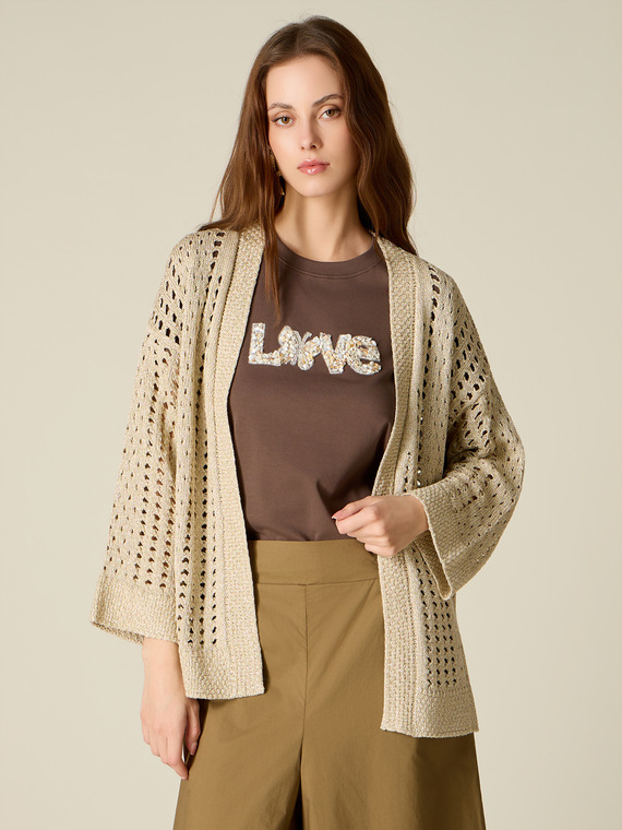 Kurze Strickjacke aus Lurex mit Lochmuster