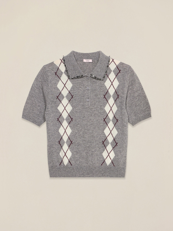 Maglia polo in lana/cashmere con castoni e motivo argyle