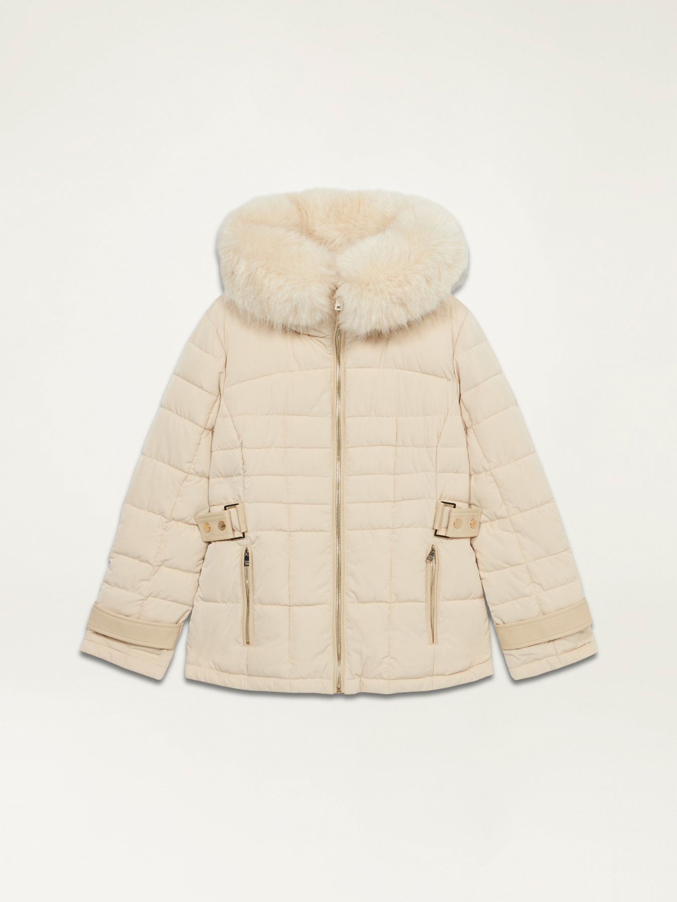 Jachetă model pe talie cu margine pufoasă și inserții image number 3