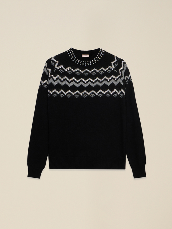 Mixed wool jacquard sweater with appliqu&eacute;s