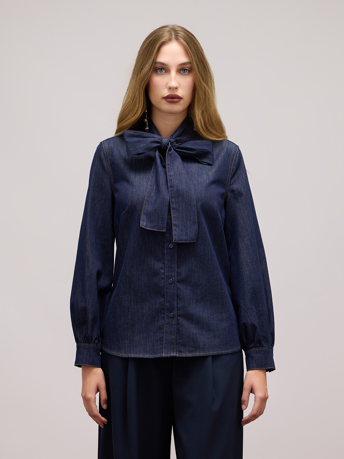 Denim shirt with bow image number 1