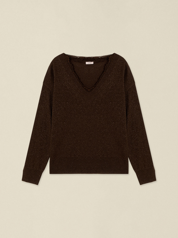 Lurex wool-blend knit top with lace