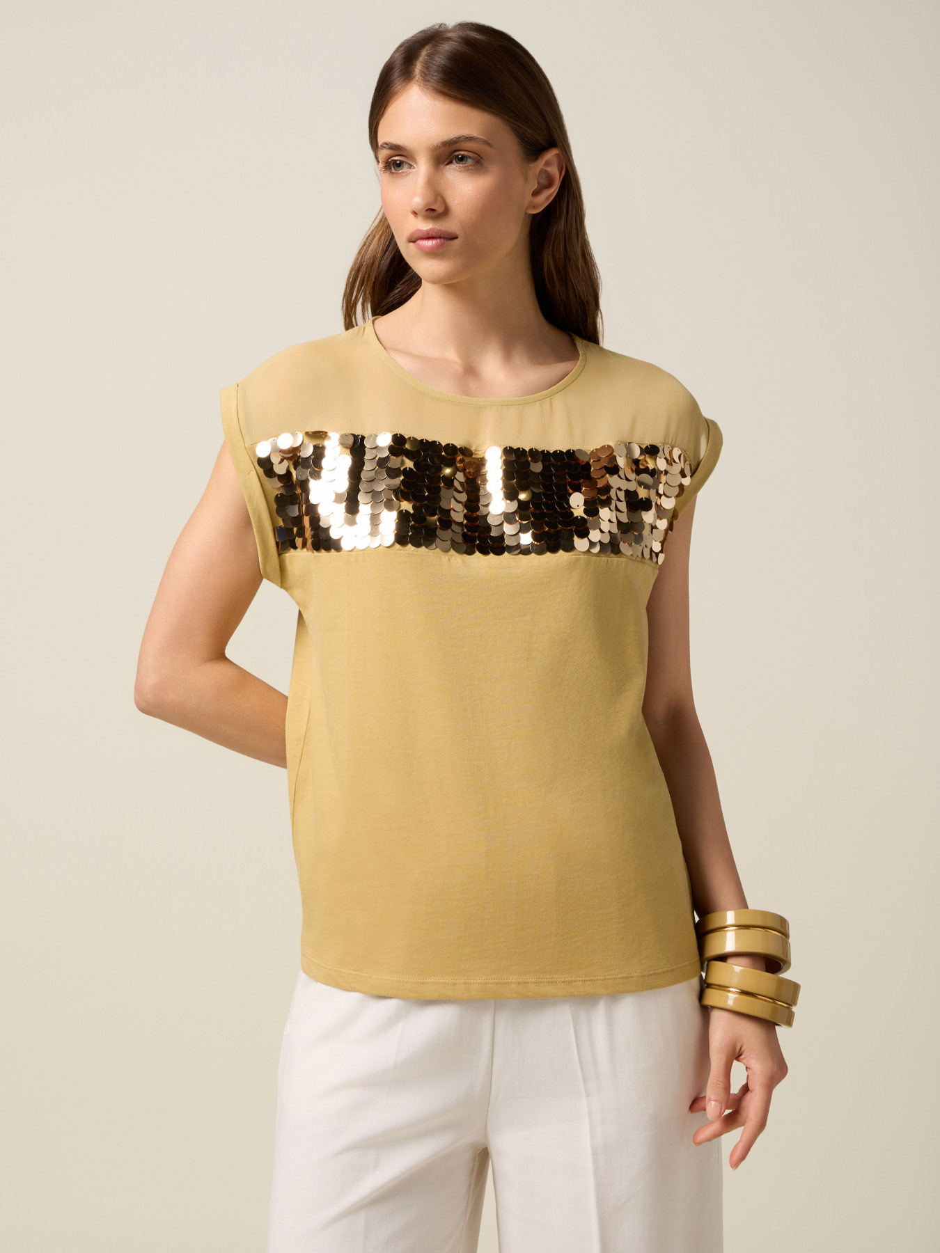 Camiseta de dos materiales con lentejuelas image number 0