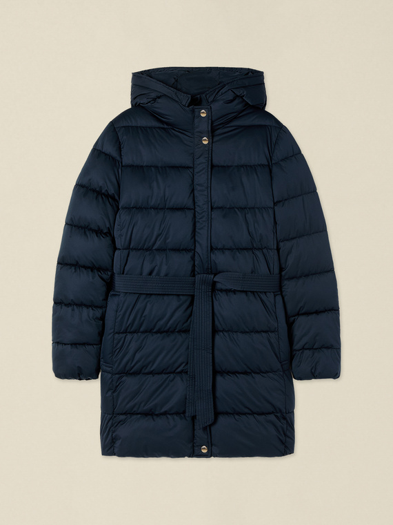 Mid-length puffer jacket with belt and hood