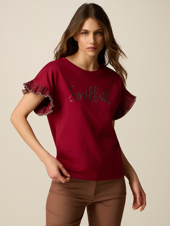 Cotton t-shirt with crystals and ruffles
