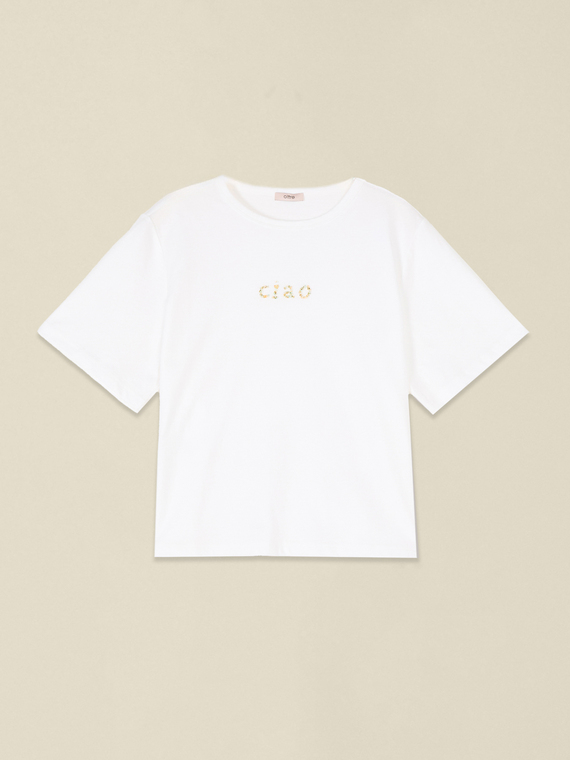 T-shirt boxy in cotone con ricamo gioiello