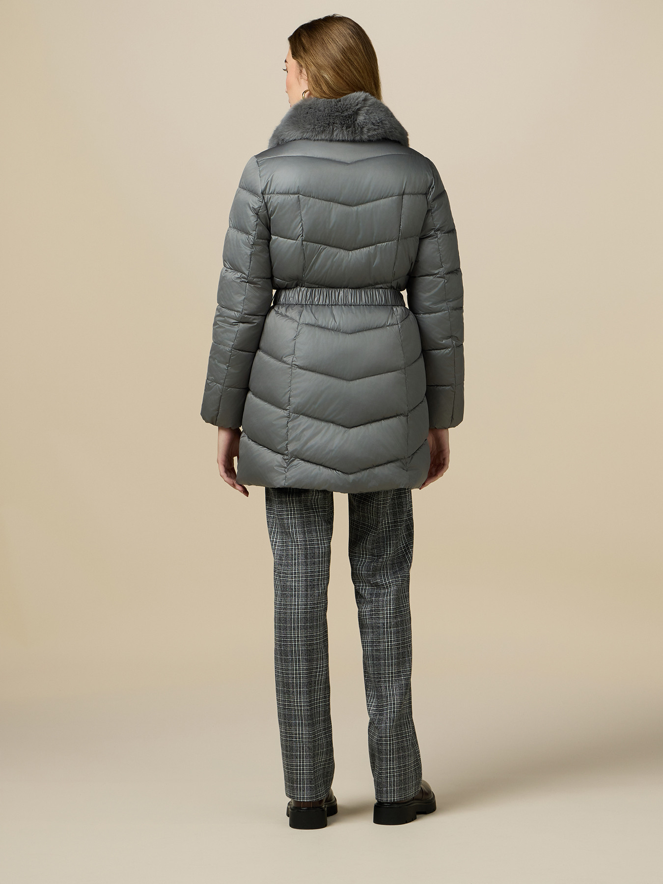 Midi down jacket with belt and furry collar image number 1