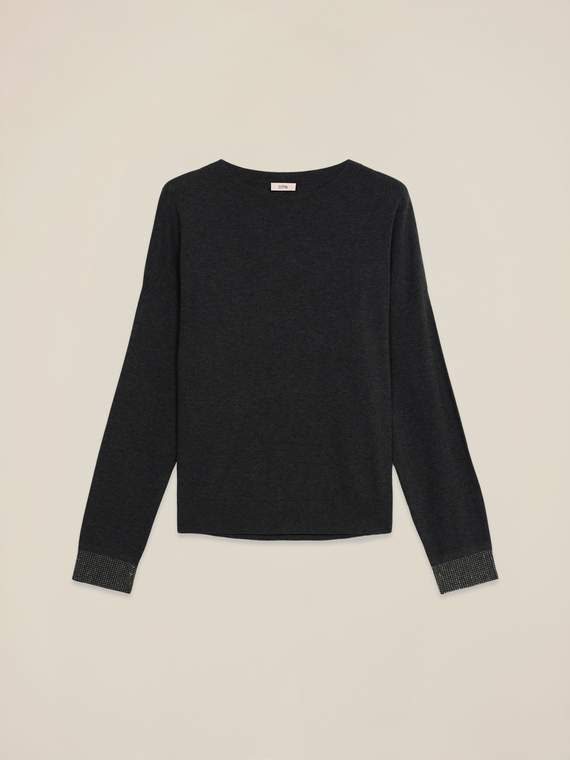 Mixed viscose sweater with decorated cuffs