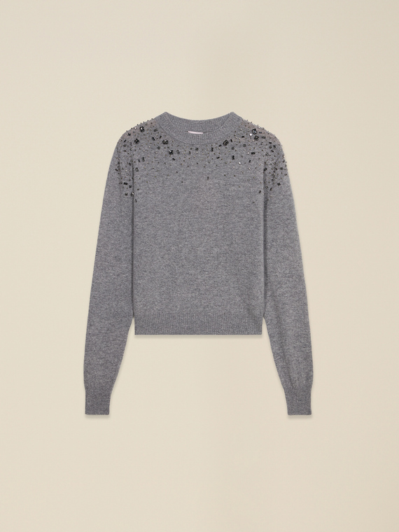 Pure wool crew-neck sweater with eyelets