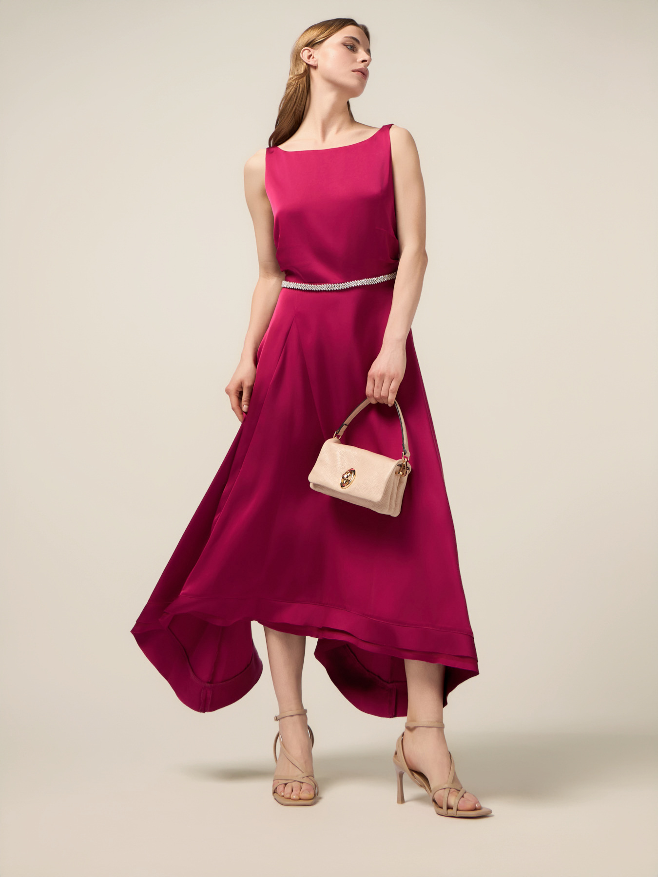 Vestito lungo in raso con cintura gioiello image number 3