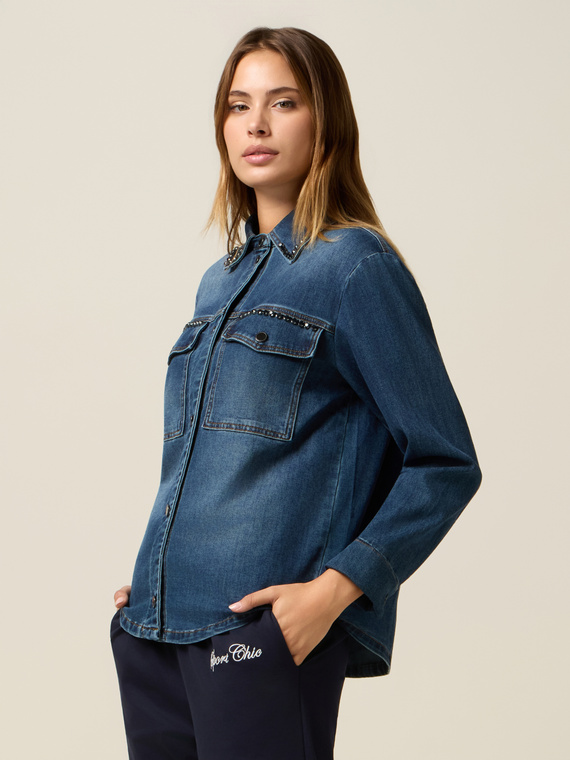 Denim shirt jacket with crystals