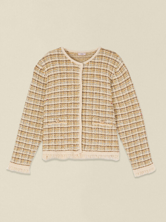 Mixed cotton cardigan with fringes