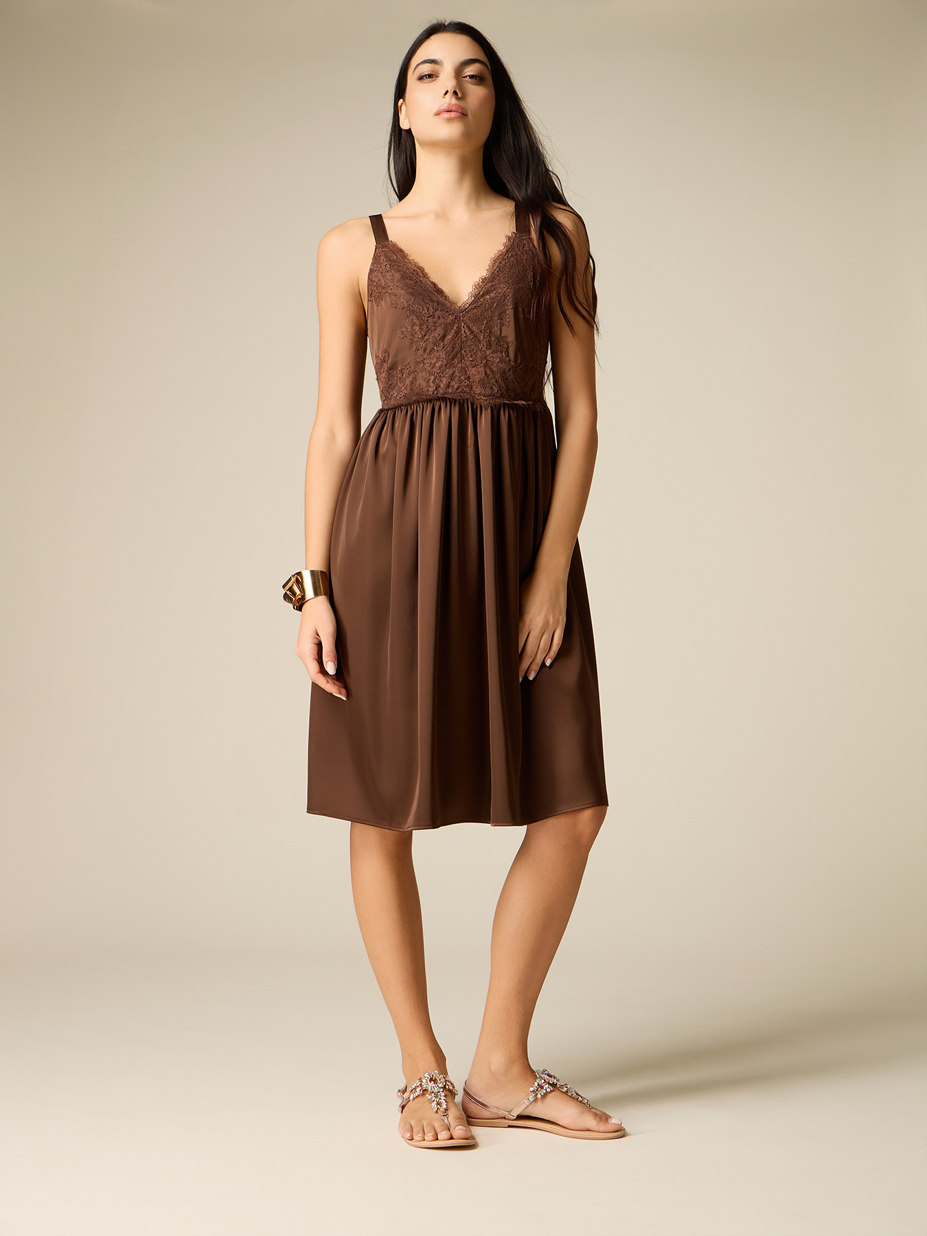 Rochie din satin cu inserție din dantelă image number 0