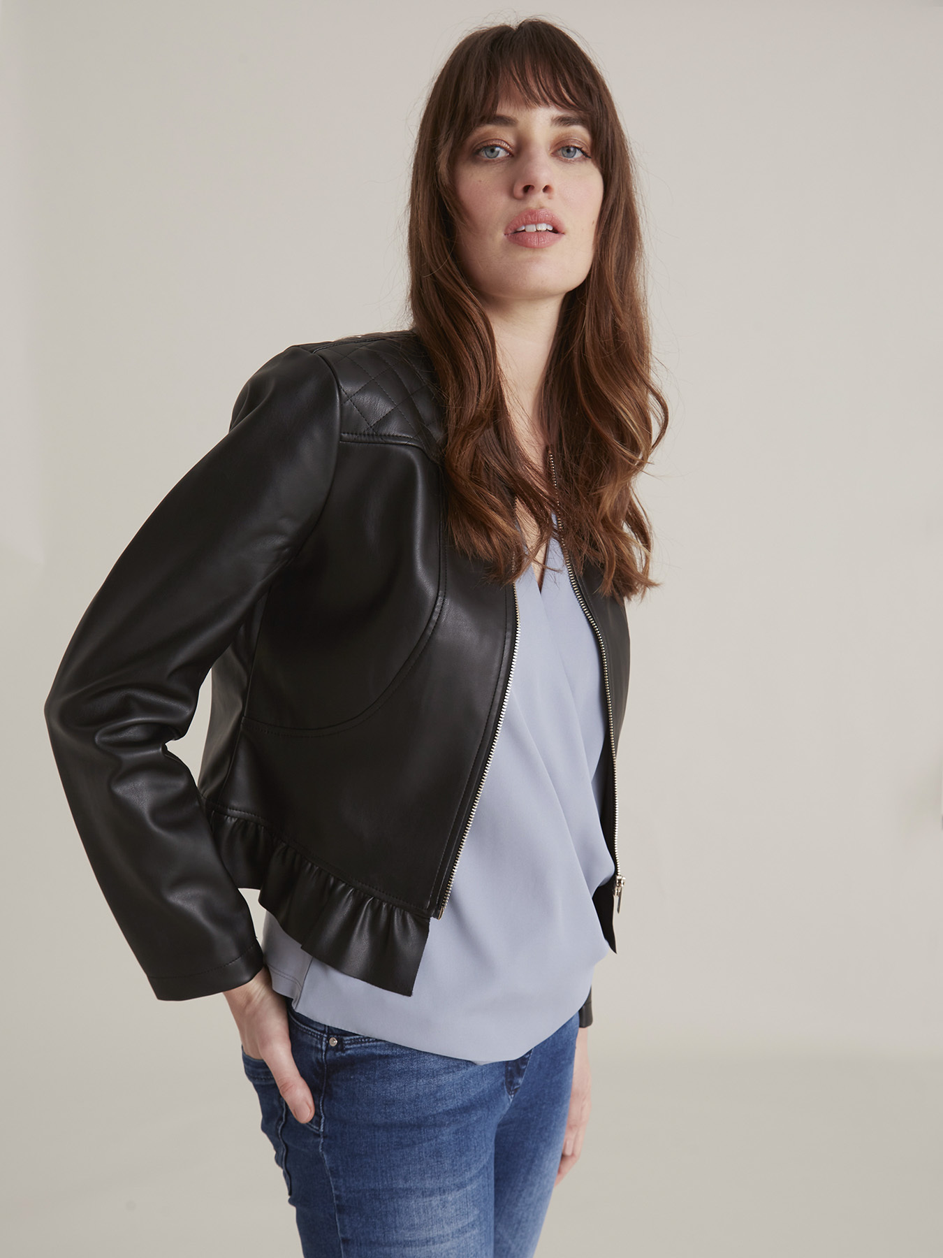 Short leather-effect jacket with ruffle image number 0