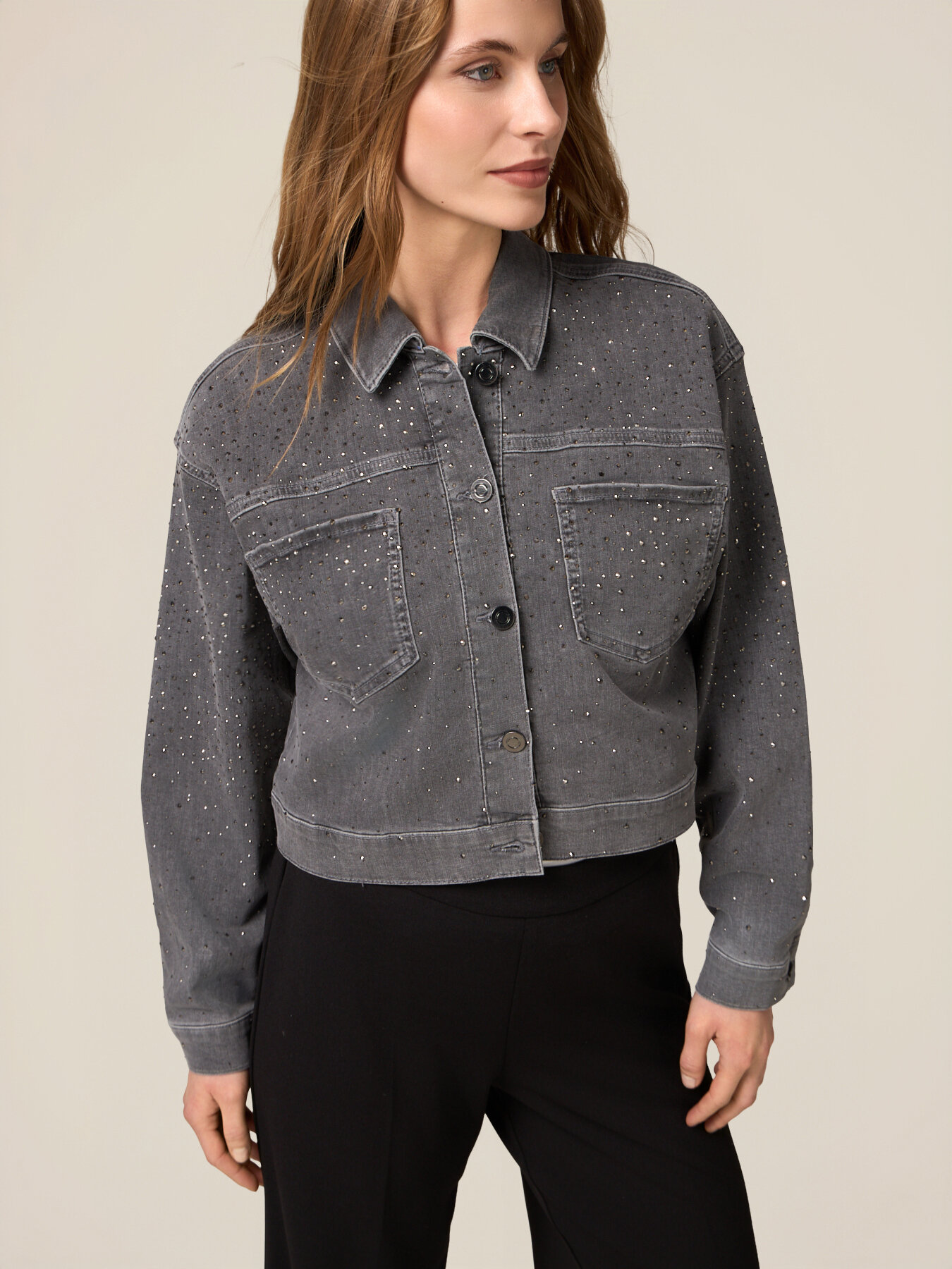 Giubbotto denim corto con strass applicati image number 0